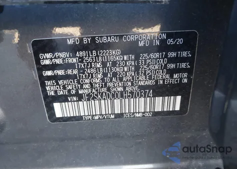 2020 Subaru Forester z USA, uszkodzony, nr VIN JF2SKADC0LH570374